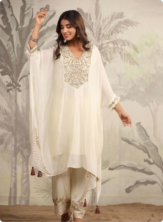 Cream Embroidered Flared Kurta Set