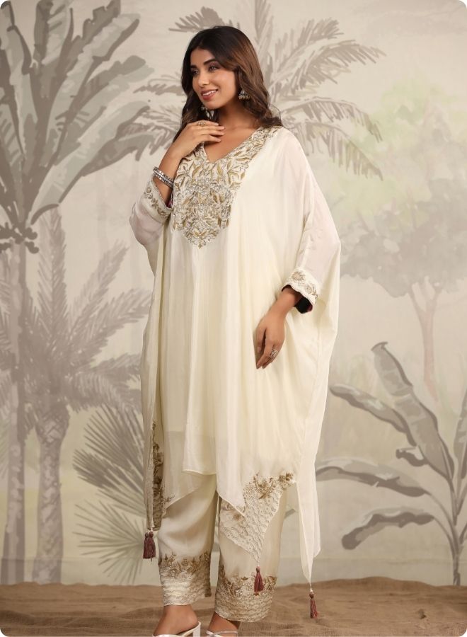 Cream Embroidered Flared Kurta Set