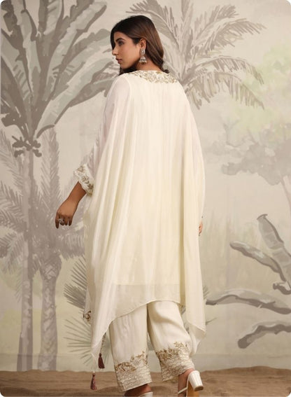 Cream Embroidered Flared Kurta Set