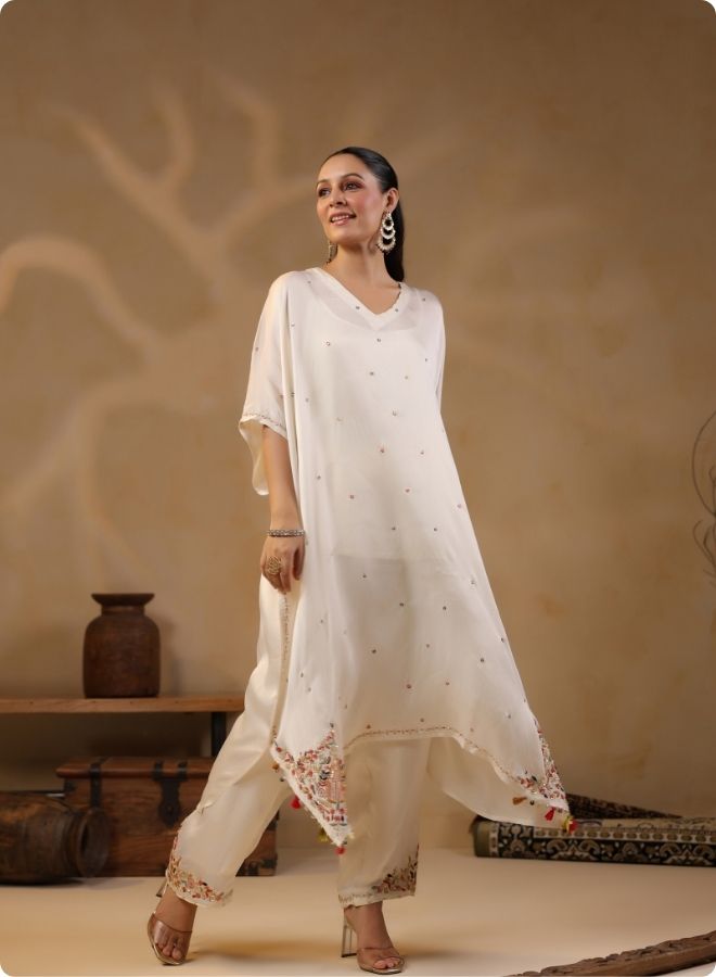 Off White Shimmer Batwing Kurta Set
