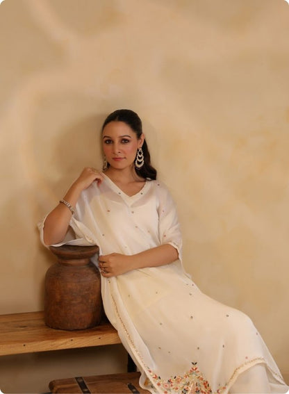 Off White Shimmer Batwing Kurta Set