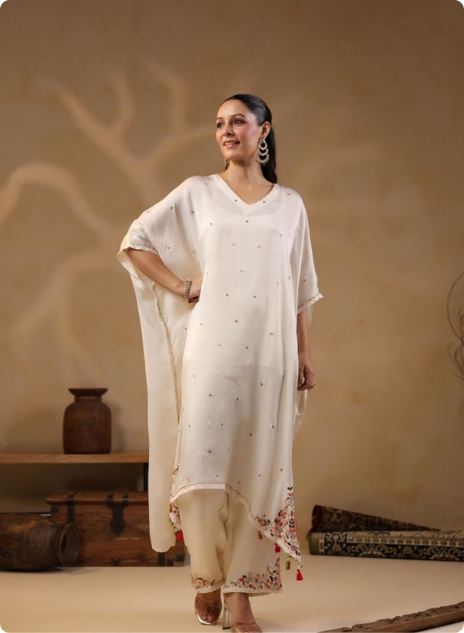 Off White Shimmer Batwing Kurta Set