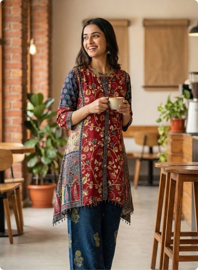 Maroon Floral Printed Mixed Kurta Set