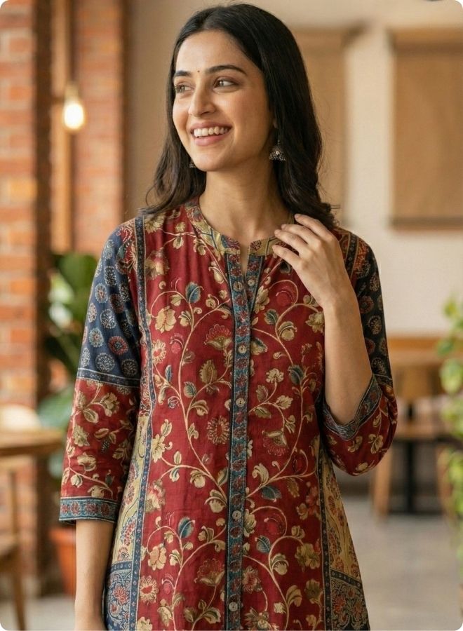Maroon Floral Printed Mixed Kurta Set