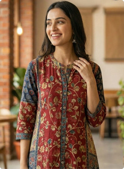 Maroon Floral Printed Mixed Kurta Set