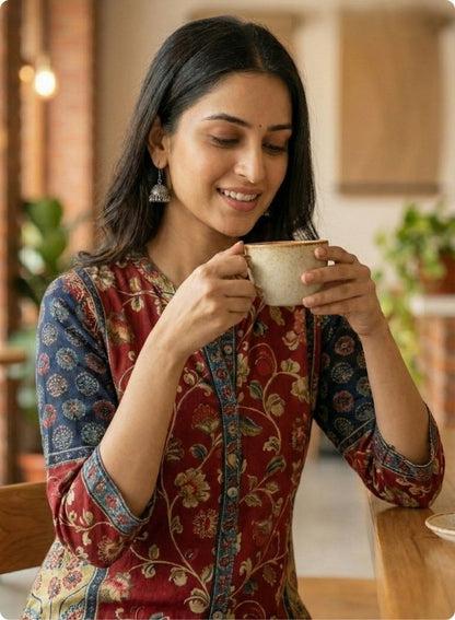 Maroon Floral Printed Mixed Kurta Set