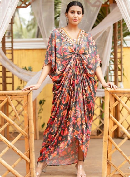 Grey Floral Wrap Kaftan Kurta
