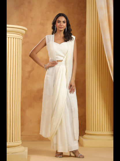 White Embroidered Women Pre-Draped Saree