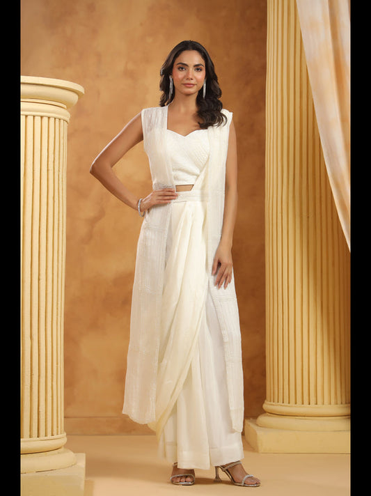 White Embroidered Women Pre-Draped Saree