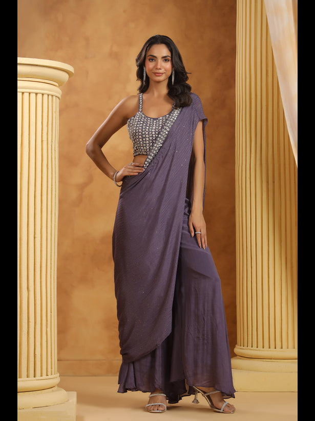 Purple Embroidered Women One-Shoulder Cape Set