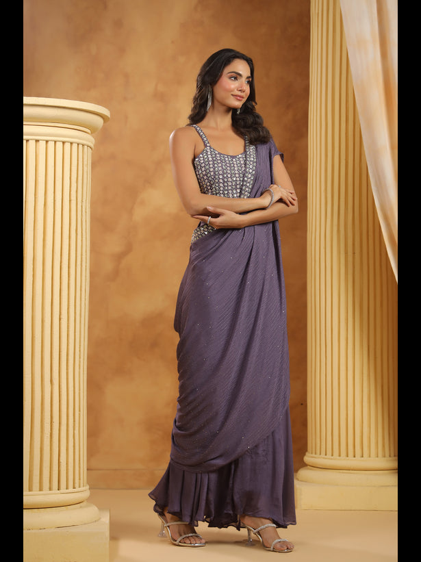 Purple Embroidered Women One-Shoulder Cape Set