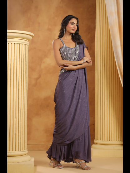 Purple Embroidered Women One-Shoulder Cape Set