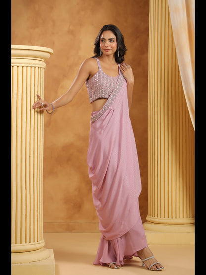 Lavender Embroidered Women One-Shoulder Cape Set