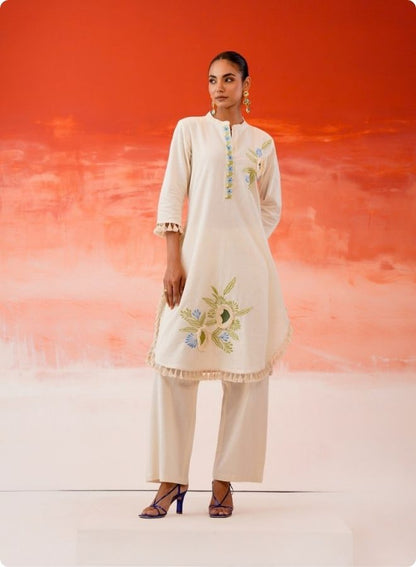 Cream Embroidered Floral Anarkali Kurta Set