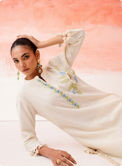 Cream Embroidered Floral Anarkali Kurta Set