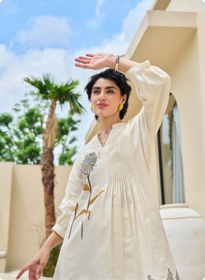 Cream Rose Embroidered Pleated Kurta Set