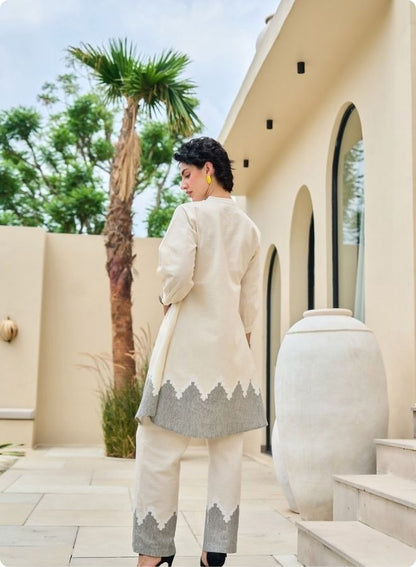 Cream Rose Embroidered Pleated Kurta Set