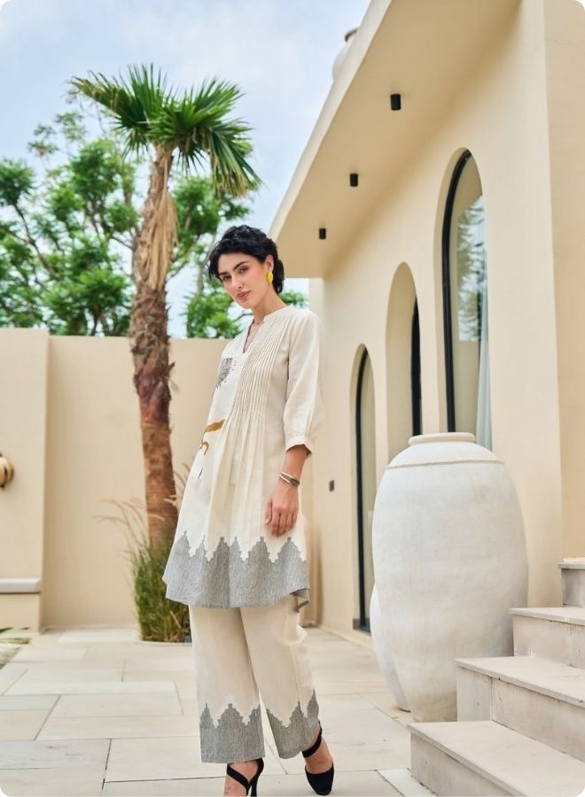 Cream Rose Embroidered Pleated Kurta Set