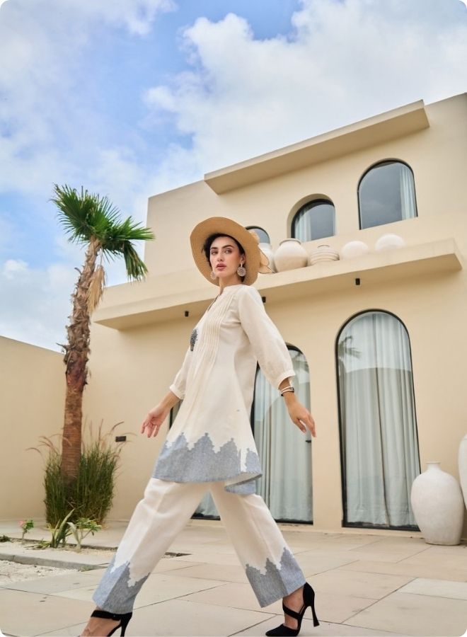 Cream Rose Embroidered Pleated Kurta Set