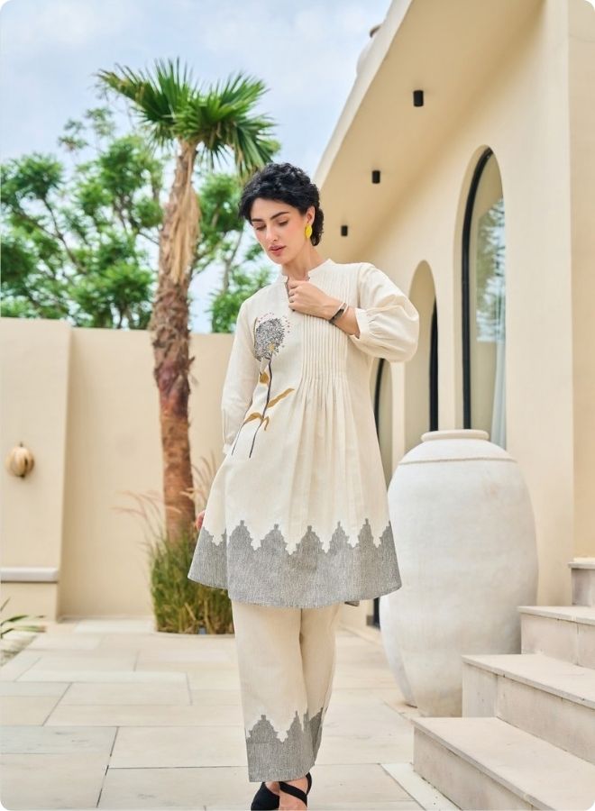 Cream Rose Embroidered Pleated Kurta Set