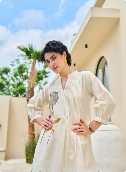 Cream Rose Embroidered Pleated Kurta Set