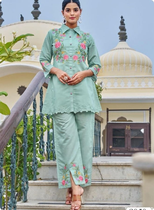Mint Green Embroidered A-Line Kurta Set