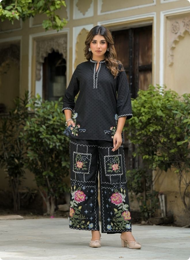 Black Floral Embroidered Straight Kurta Set