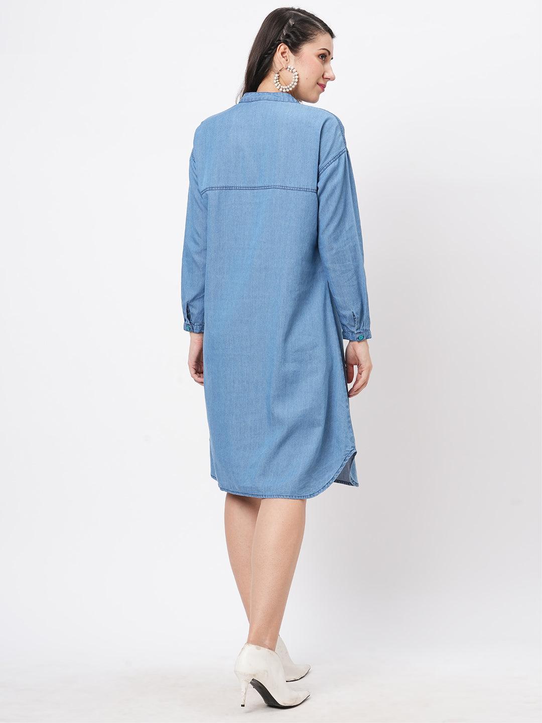 Hashtag Be Featuring soft denim with front button shirt dress and embroidered pockets