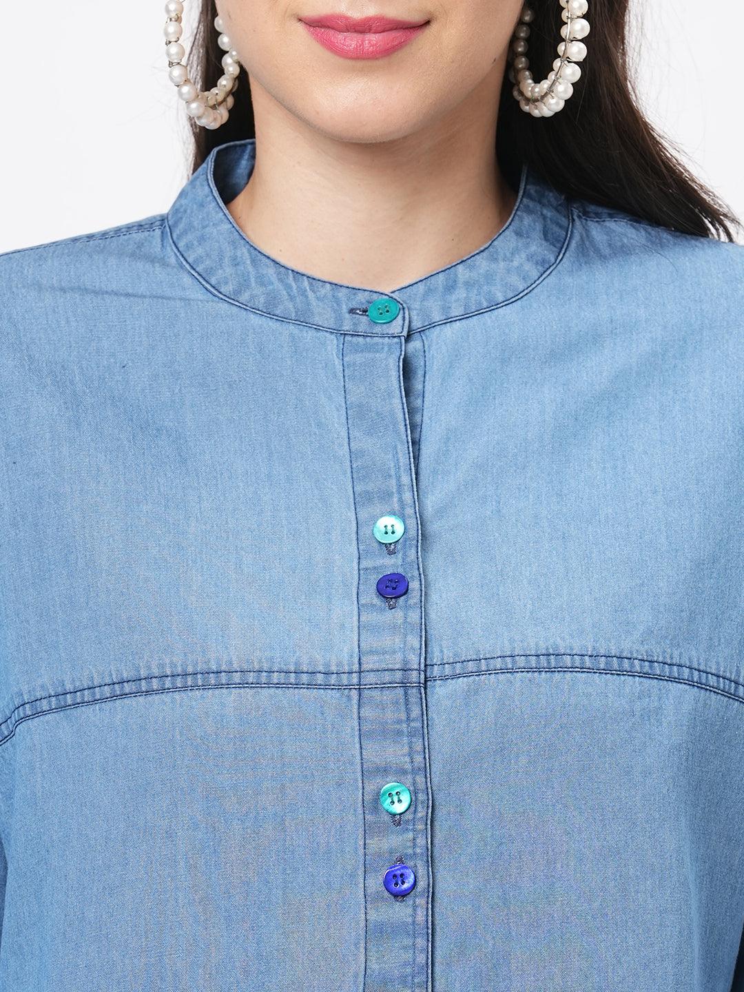 Hashtag Be Featuring soft denim with front button shirt dress and embroidered pockets