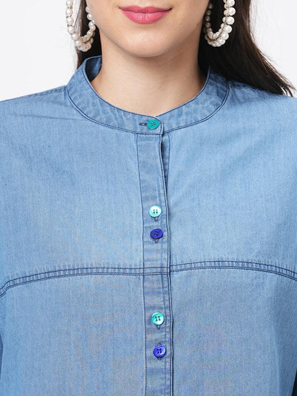 Hashtag Be Featuring soft denim with front button shirt dress and embroidered pockets