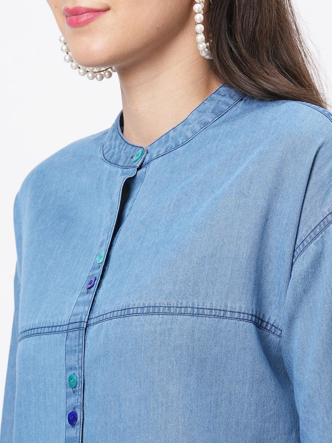 Hashtag Be Featuring soft denim with front button shirt dress and embroidered pockets