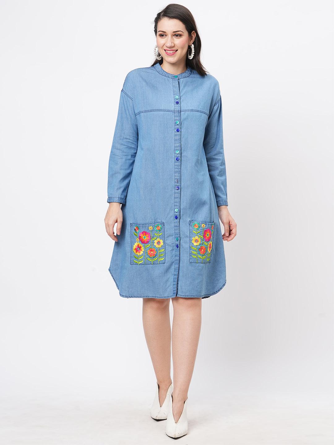 Hashtag Be Featuring soft denim with front button shirt dress and embroidered pockets