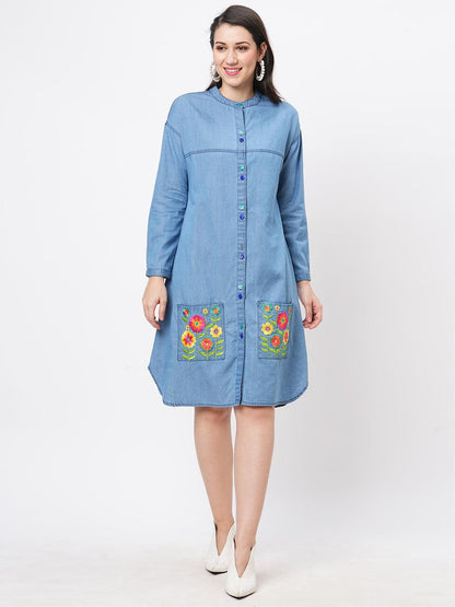 Hashtag Be Featuring soft denim with front button shirt dress and embroidered pockets