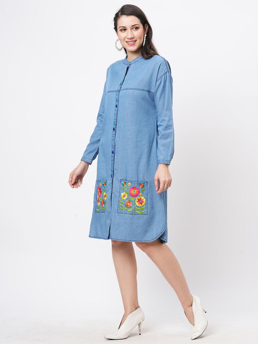 Hashtag Be Featuring soft denim with front button shirt dress and embroidered pockets