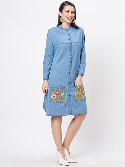 Hashtag Be Featuring soft denim with front button shirt dress and embroidered pockets