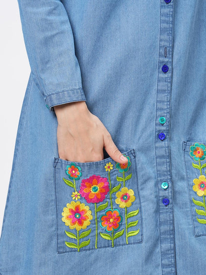 Hashtag Be Featuring soft denim with front button shirt dress and embroidered pockets
