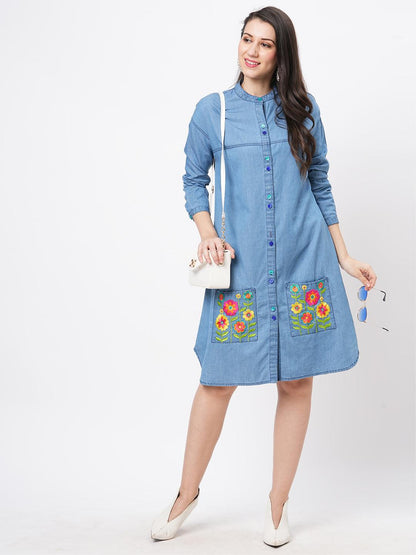Hashtag Be Featuring soft denim with front button shirt dress and embroidered pockets