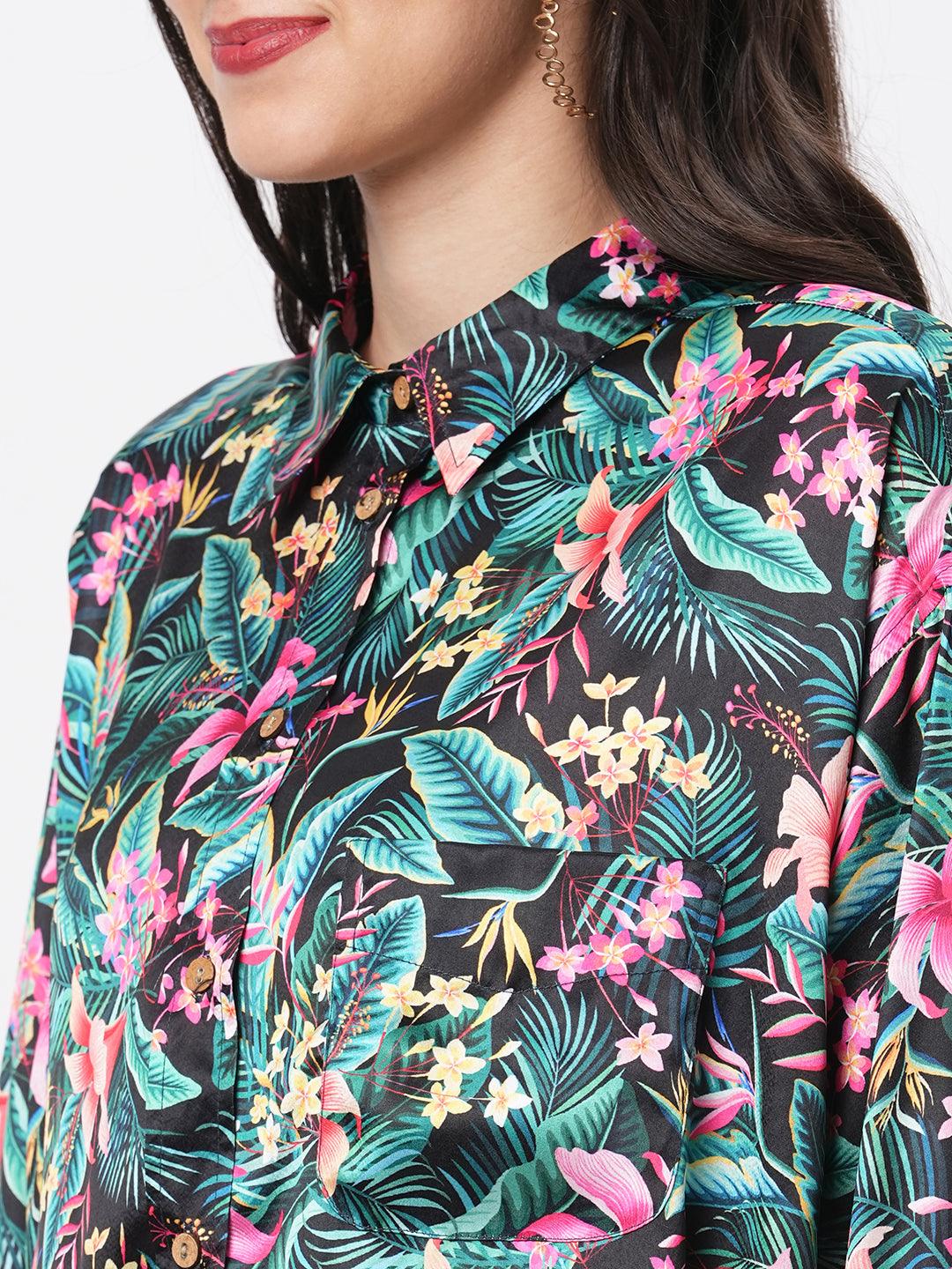 Hashtag Be Loose fit shirt with button down front in resort wear print.