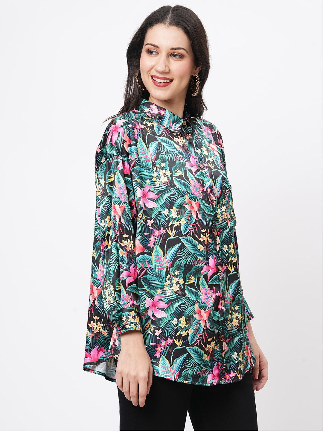 Hashtag Be Loose fit shirt with button down front in resort wear print.