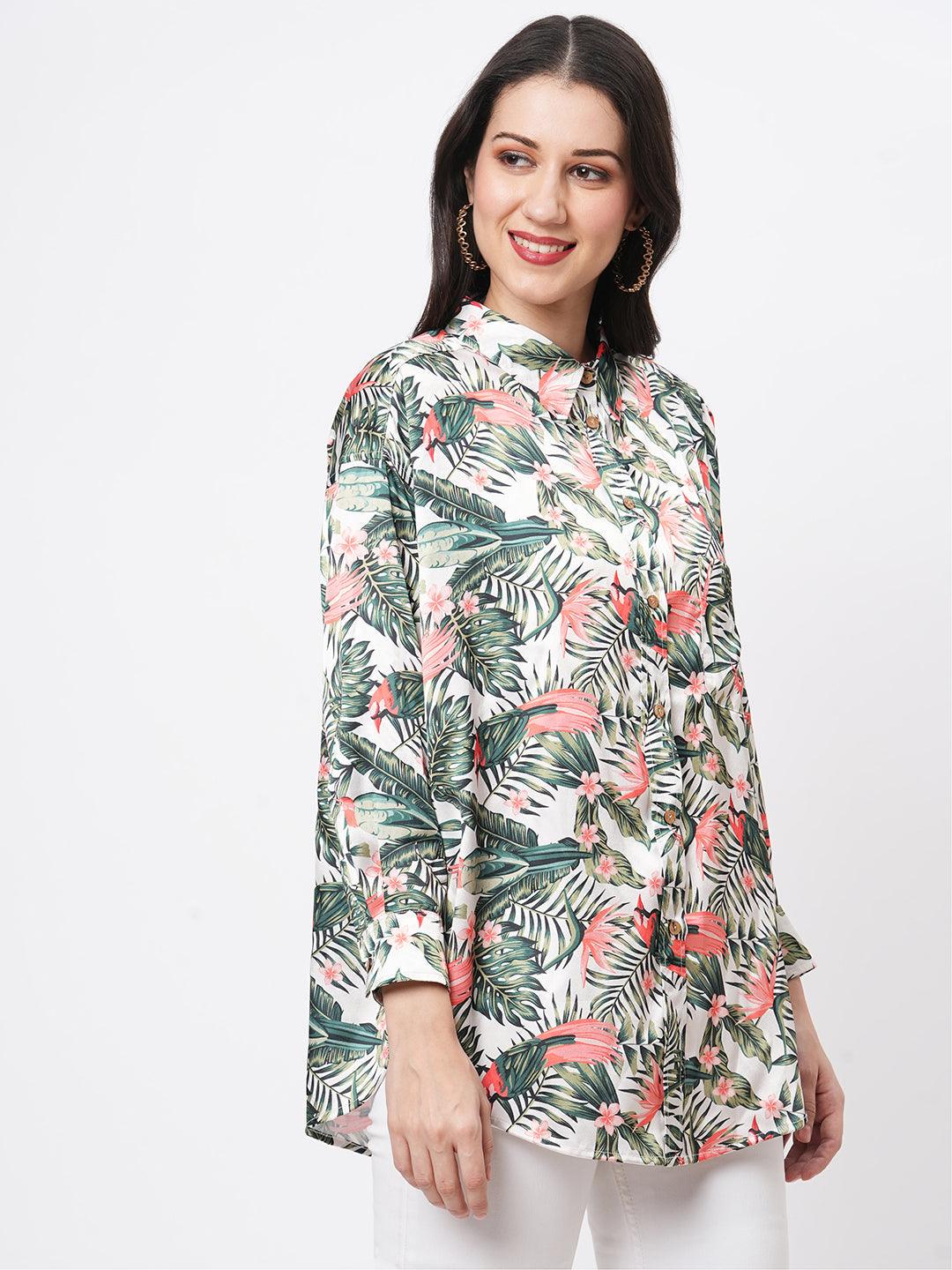 Hashtag Be Loose fit shirt with button down front in resort wear print.