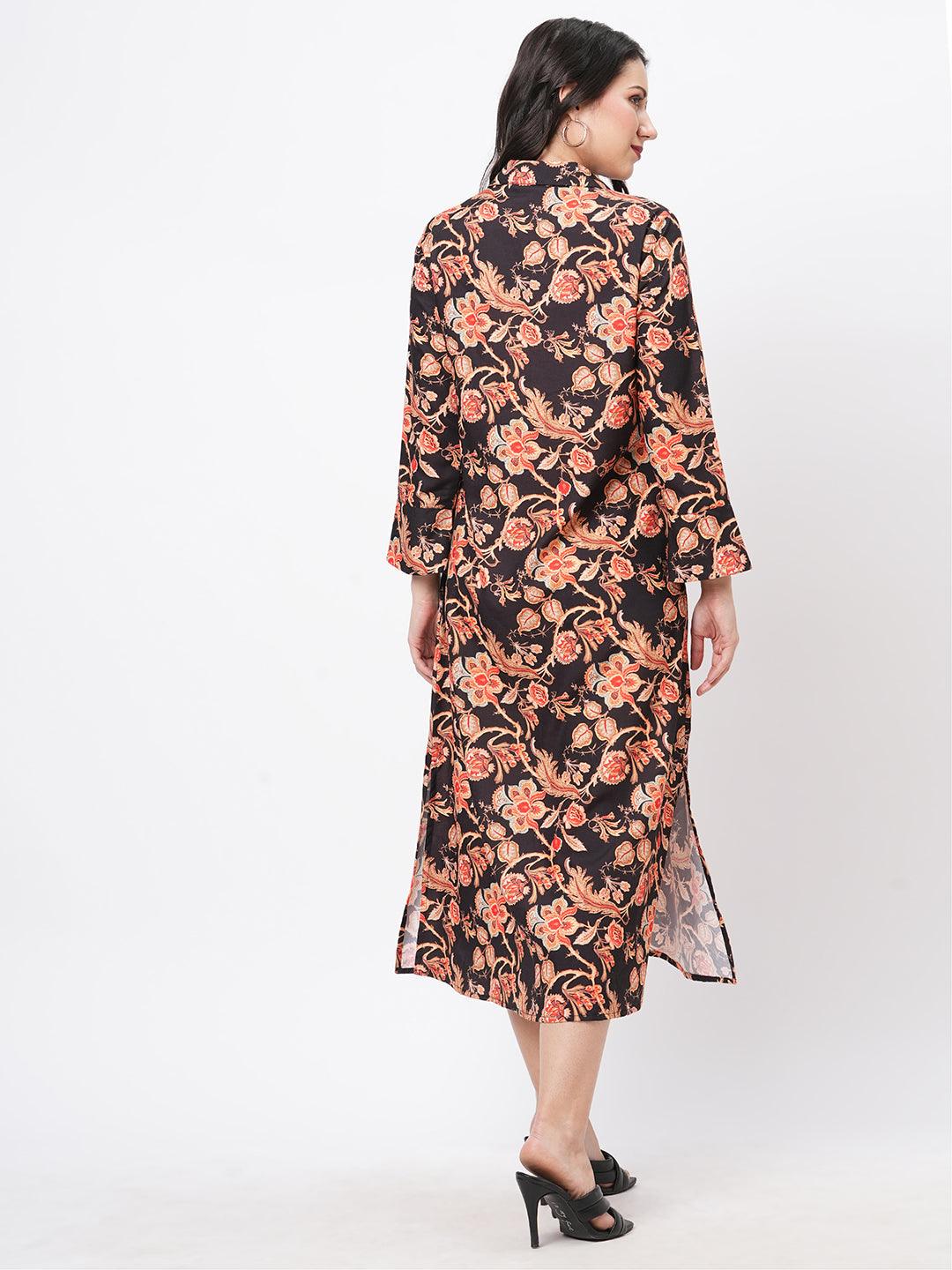 Hashtag Be featuring a black floral printed long shirt dress in regular fit