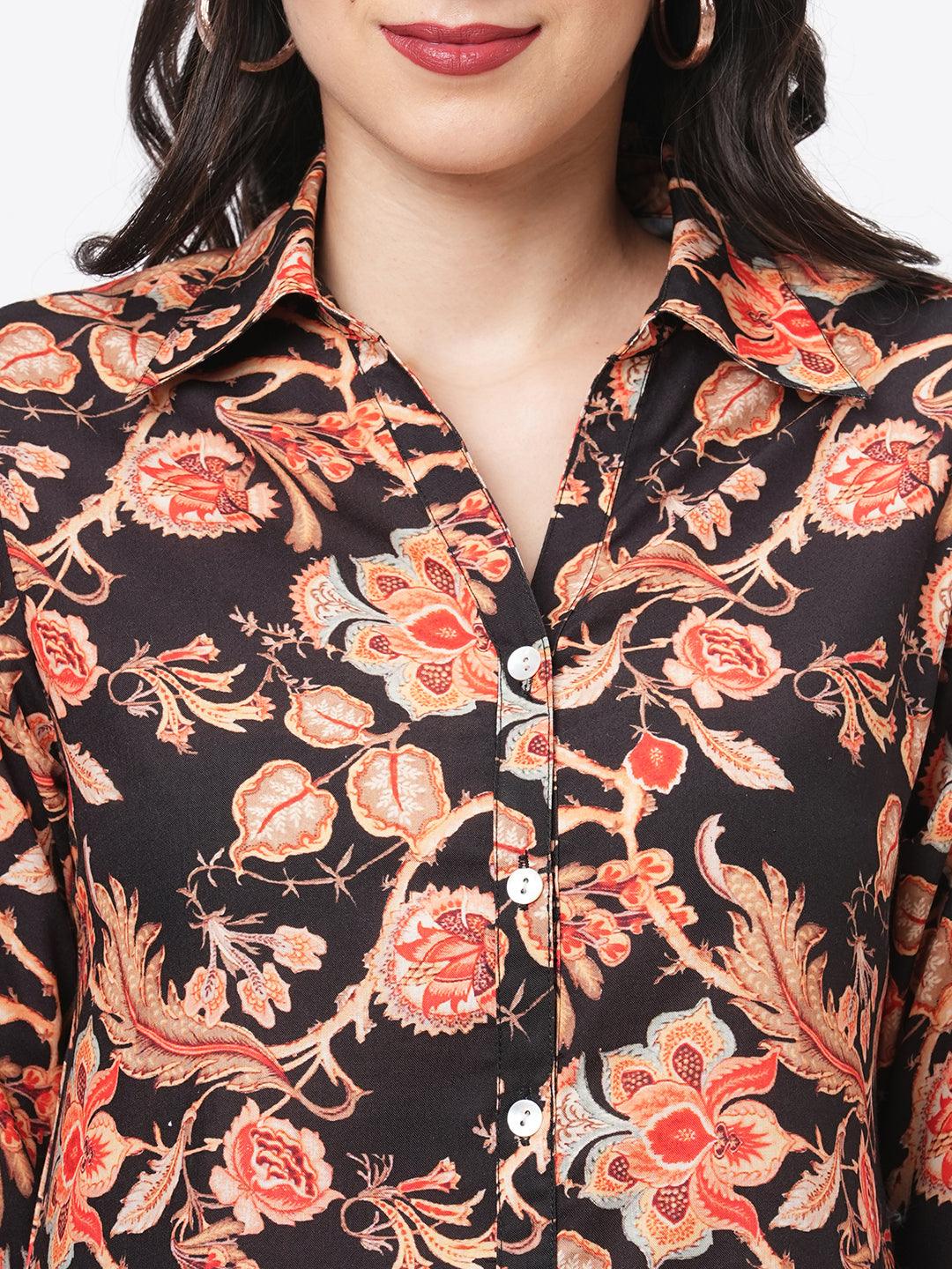Hashtag Be featuring a black floral printed long shirt dress in regular fit