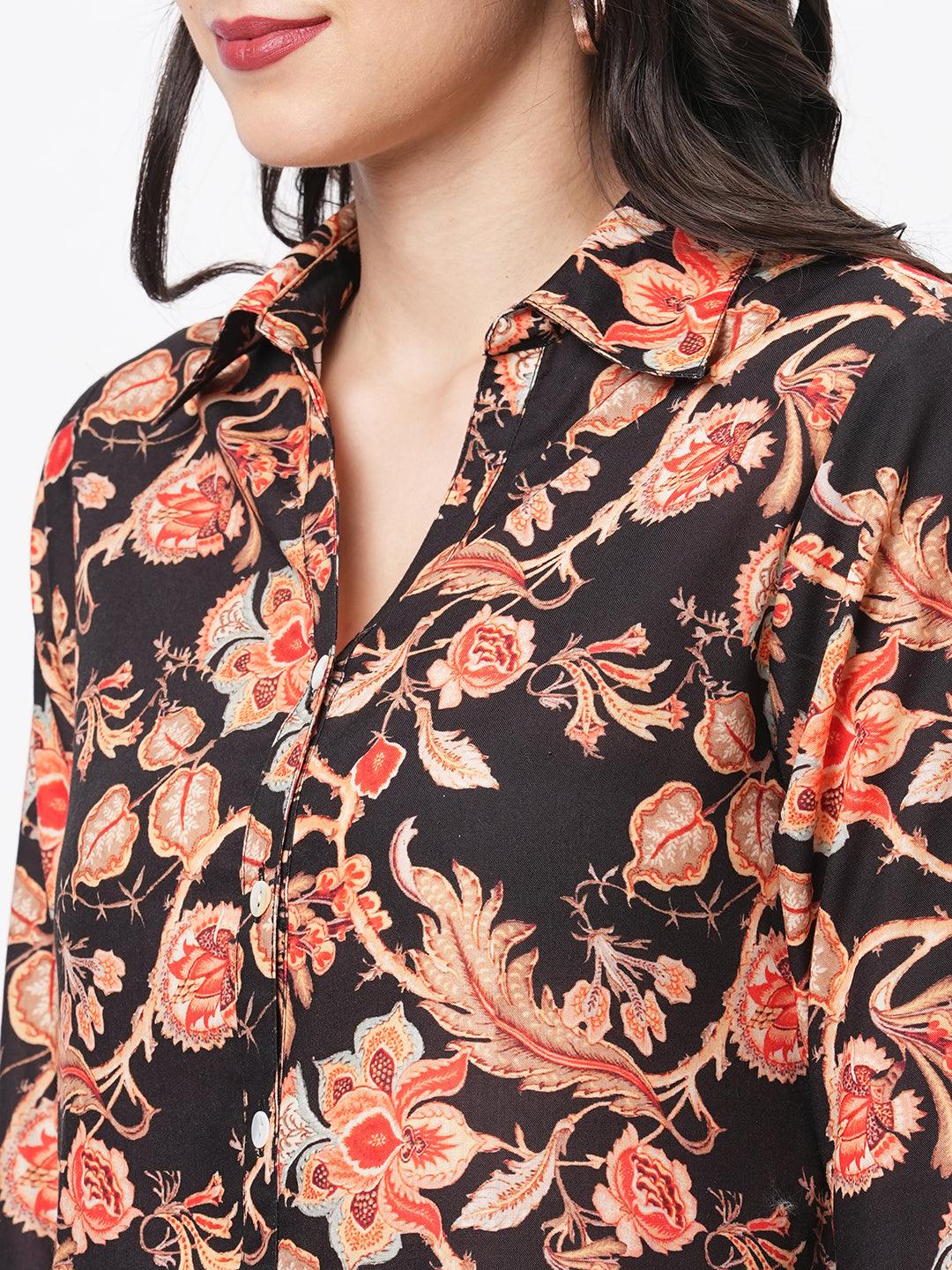 Hashtag Be featuring a black floral printed long shirt dress in regular fit