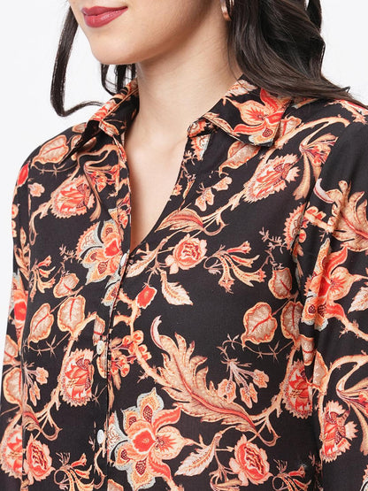 Hashtag Be featuring a black floral printed long shirt dress in regular fit