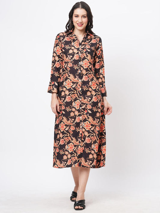 Hashtag Be featuring a black floral printed long shirt dress in regular fit