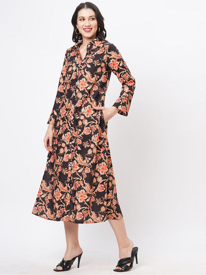 Hashtag Be featuring a black floral printed long shirt dress in regular fit