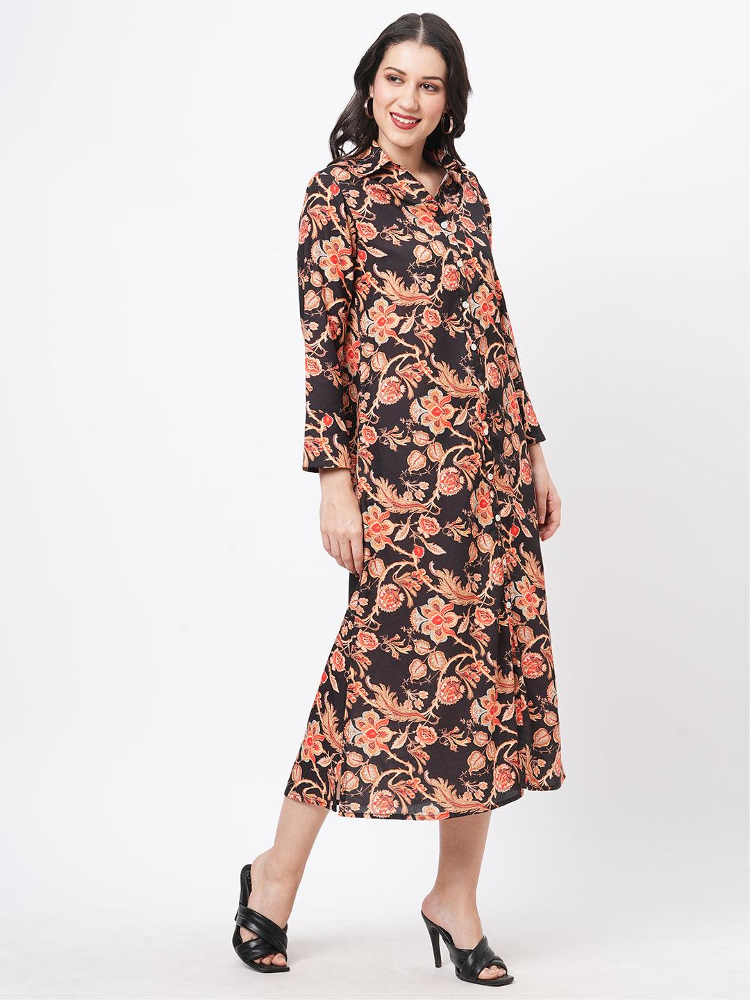 Hashtag Be featuring a black floral printed long shirt dress in regular fit