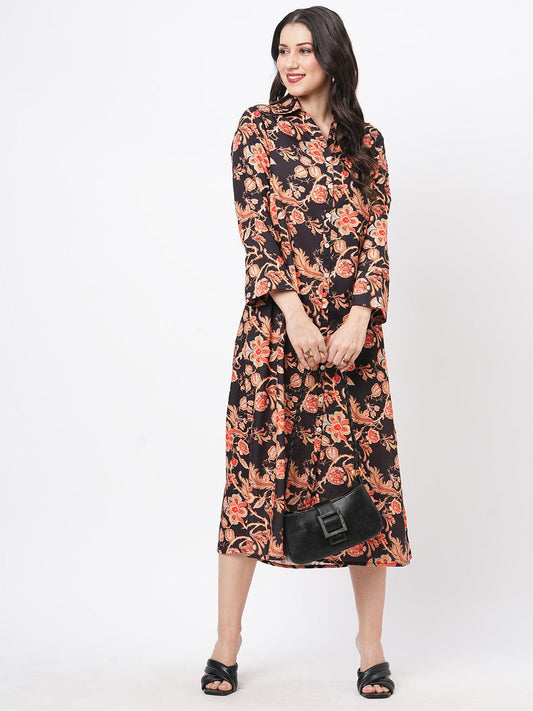 Hashtag Be featuring a black floral printed long shirt dress in regular fit
