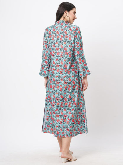 Hashtag Be featuring a teal floral printed long shirt dress in regular fit