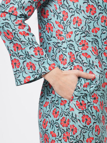 Hashtag Be featuring a teal floral printed long shirt dress in regular fit